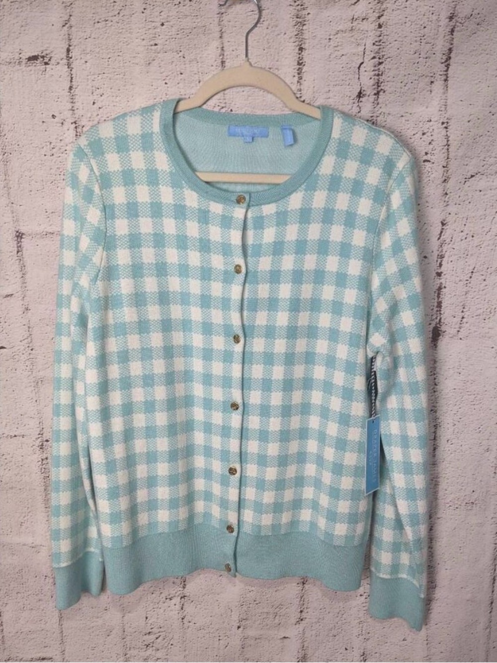 Turquoise Gingham Button up Cardigan Sz L Large NWT - Picture 5 of 11